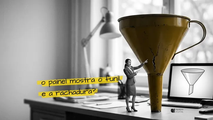 Um funil gigante amarelo com uma rachadura, uma vendedora em miniatura apontando para ela, e ao lado um monitor com o funil perfeito. Anotação: o painel mostra o funil. e a rachadura?